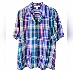 The Limited Purple & Green Plaid Button Up Shirt Short-sleeved Mens Medium